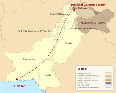 Em tracejado, um dos eixos do desenvolvimento do CPEC.