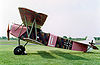 A World War I fighter aircraft shows its factory-applied lozenge camouflage alternating with bright pink sections.