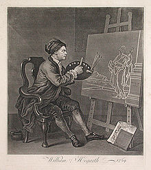 A black-and-white portrait of Hogarth. He is depicted sitting in a chair and painting a portrait.