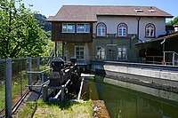 Laufwasserkraftwerk Schappe, Oberkanal und Einlauf in das Maschinenhaus, rund 260 Meter nach der Mündung des Jeglesgrabens.