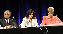 From left to right, an older man in a dark suit, a middle aged woman in a white blazer, and a middle aged woman in a salmon blouse sit at a long dark table in front of dark blue curtains.