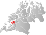 Mapa do condado de Troms com Dyrøy em destaque.