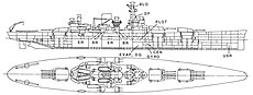 A line drawing of a ship that has three quadruple gun turrets, two in front and one in the rear. In between the turrets are the large conning tower, a tall mast, and a single large smoke stack.