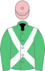 Emerald green, white cross-belts, pink cap