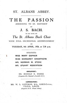 Concert programme for the inaugural concert of the St Albans Bach Choir, 1924