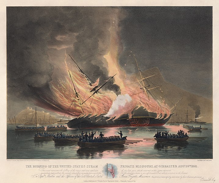 "The Burning of the United States Steam Frigate Missouri at Gibraltar", lithograph by Thomas Goldsworthy Dutton after an artwork by Edward Duncan after a sketch by George Pechell Mends. Restored by Adam Cuerden
