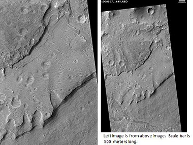 Tyras Vallis fan deposit at a different sun angle. The scale bar is 500 meters long. This image is just to the right of the previous image.