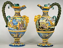 Pair of wine jugs, c. 1685, 56 cm high. François Chauveau's Rape of Europa is again used (left).