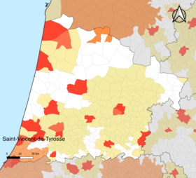 Localisation de l'aire d'attraction de Saint-Vincent-de-Tyrosse dans le département des Landes.