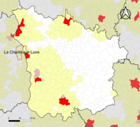 Localisation de l'aire d'attraction de la Charité-sur-Loire dans le département de la Nièvre.