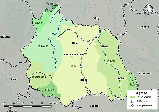 Tärkeimpien jokien valuma-alueet Puy-de-Dômen departementissa.