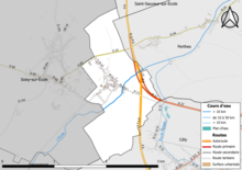 Carte en couleur présentant le réseau hydrographique de la commune