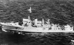 HMAS Junee as a training ship in 1954. Her wartime armament has been replaced with two 40 mm Bofors guns.