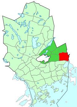 Location of Leppävaara (red) within Espoo (light green) and Suur-Leppävaara (dark green)