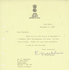 Letter from President of India Shri R Venkatraman