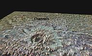 Lyot crater with elevations exaggerated showing distribution of channels caused by hot ejecta melting ice.