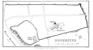 The city is defined by a wall in the shape of a trapezium, will the River Medway on the western side. Rochester Castle is in the southwest corner of the walls.
