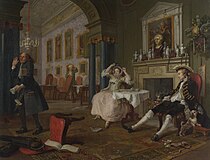 威廉·賀加斯的《時髦的婚姻：2.婚禮之後（英语：Marriage A-la-Mode: 2. The Tête à Tête）》，70 × 91cm，約作於1743年，自1824年起收藏，來自約翰·朱利葉斯·安格斯坦的收藏[73]