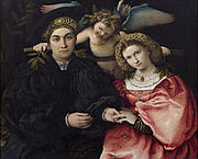 羅倫佐·洛托（英语：Lorenzo Lotto）的《馬西利奧·卡索蒂與他的妻子法烏斯蒂娜肖像畫（義大利語：Ritratto di Marsilio Cassotti e della sua sposa Faustina）》，71 × 84cm，約繪於1523年，來自腓力四世的收藏[28]