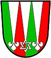 Janner (England): Paly of four vert and gules a pile terminating in a triangle interlaced with a triangle reversed between two piles each terminating in a fleur-de-lis argent.