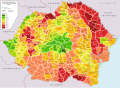 Taux d'alphabétisation en 1930 : les zones les mieux alphabétisées correspondent à celles où les minorités étaient les plus nombreuses ou localement majoritaires ; la Bessarabie, russe jusqu'en 1917, avait le taux d'alphabétisation le plus bas, sauf chez les Allemands (également les mieux alphabétisés dans le Banat et en Transylvanie).