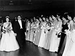 Elizabeth II wearing the Lover's Knot Tiara at the Royal Ball, Brisbane in 1954.