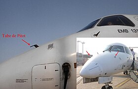 Tube de Pitot sur le nez d'un Embraer ERJ 135