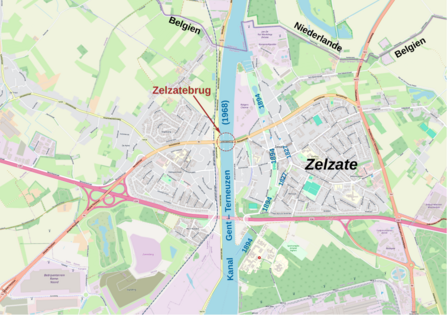 Lage der Zelzatebrug über den Kanal Gent–Terneuzen, die alten Verläufe des Kanals sind noch im Stadtraster erkennbar (markiert mit den Jahreszahlen 1827 und 1894)