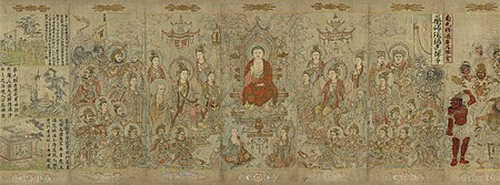 A landscape oriented painting showing a Buddha in red robes, seated in a throne, surrounded by sixteen adult figures and one baby. With the exception of the baby, all of the figures, including the Buddha, have blue halos.