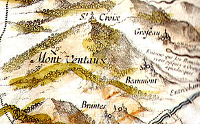 Carte gravée et peinte à Amsterdam montrant le Ventoux sommé de la chapelle Sainte-Croix (1627).