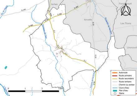 Carte en couleur présentant le réseau hydrographique de la commune