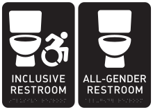 Bathroom signs featuring simple images of toilets instead of traditional gendered iconography. US-style with ADA compliant grade 2 compacted braille. White figures on black background.