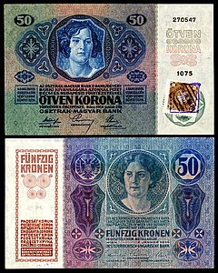 Fifty Czechoslovak koruna at Banknotes of the Czechoslovak koruna (1919), by the Austro-Hungarian Bank and the First Czechoslovak Republic