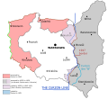 Poland's borders after World War II. Blue line: Curzon Line of 8 December 1919. Pink areas: Parts of Germany in 1937 borders. Grey area: Territory annexed by Poland between 1919 and 1923 and held until 1939, which after World War II was annexed by the Soviet Union.
