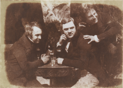 James Ballantine and two friends drinking beer, by Hill & Adamson