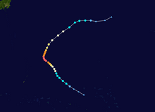 A track map showing the path of a typhoon over the western Pacific Ocean. The typhoon moves generally northwestward for the first half of its life, then shifts to the northeast for much of the latter half, turning eastward near the end.