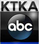 In a glossy white box, the black letters K T K A. Beneath it, in a glossy black box, the ABC logo. A blue underline sits at the bottom.