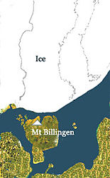 Baltiska issjön runt 10 300 år före nutid (8 300 f.Kr., dvs tidigmesolitikum), med en kanal vid berget Billingen. Inlandsisen syns i vitt.