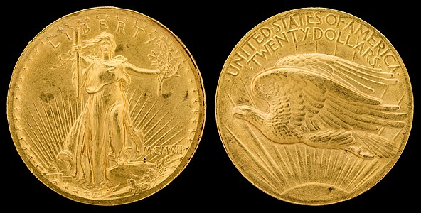 Saint-Gaudens double eagle, Roman numerals, high relief, by Augustus Saint-Gaudens and the United States Mint