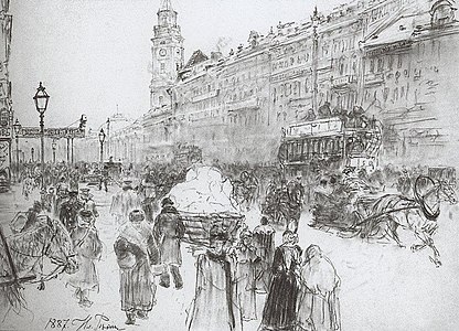 Drawing for Nevsky Prospect in St. Petersburg, graphite pencil on paper (1887)