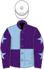 Purple and light blue (quartered), purple sleeves, light blue stars, white cap