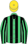 Emerald green and black stripes, yellow cap