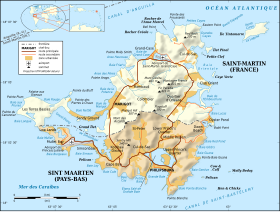 Carte de Saint-Martin mettant en évidence le tracé de la frontière.