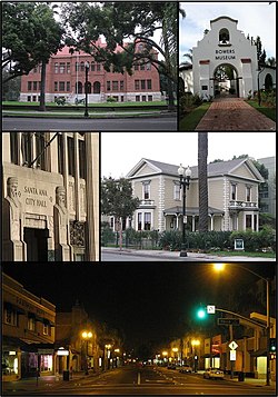 從上向下、從左到右：老奧蘭治郡法院（英语：Old Orange County Courthouse (Santa Ana, California)）、鮑爾斯博物館（英语：Bowers Museum）、老市政廳、鑄幣局和百老匯街