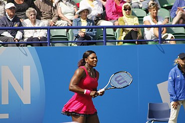 Serena Williams wearing a hot pink ballet skirt while hitting the tennis ball in her match.