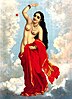 A topless woman wearing a red sari, standing in the clouds