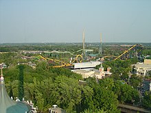 A distant shot of Batman: The Ride at Six Flags Great America