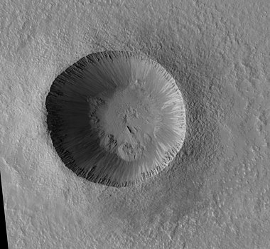 Zumba Crater, as seen by HiRISE. Since it still shows a rim and ejecta, it is considered a young crater.