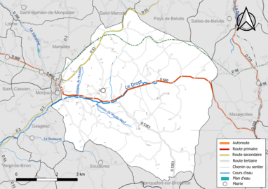 Carte en couleur présentant le réseau hydrographique de la commune