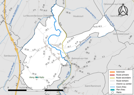 Carte en couleur présentant le réseau hydrographique de la commune